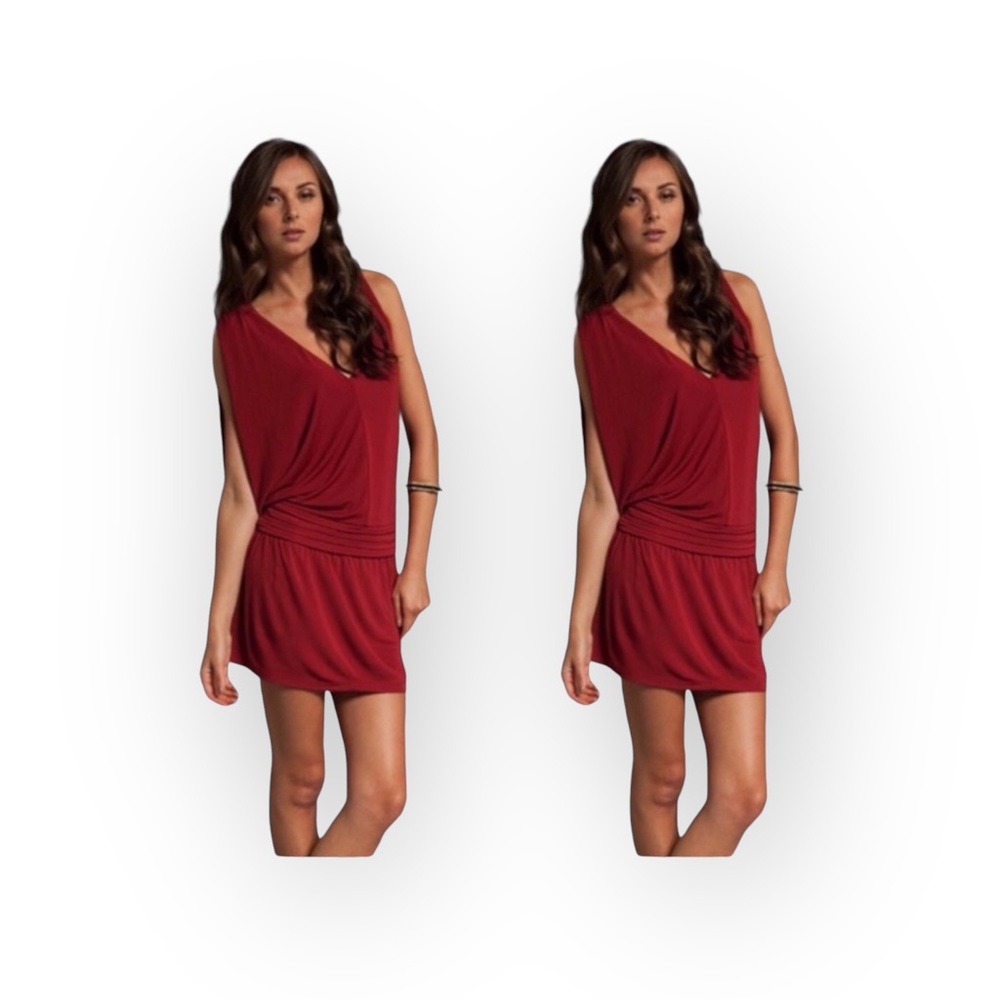 new Haute Hippie ᯾ Asymmetrical Shoulders Deep V Mini Dress ᯾ Scarlet Red ᯾ - Picture 15 of 16